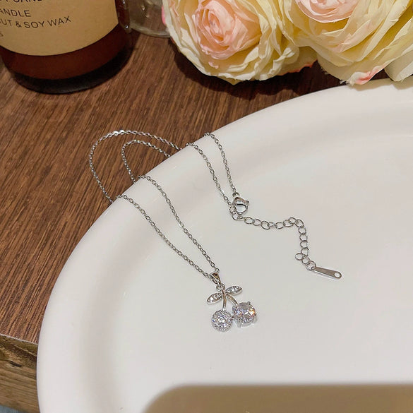 Wholesale Titanium Steel Mixed Gem Inlay Cherry Pendant Necklace For Women Light Luxury Inlaid Zircon Cross Chain
