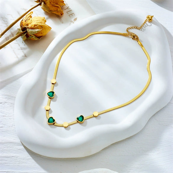 Wholesale Titanium Steel Mixed Gem Inlay Heart Shape Electroplating Geometric Hexagonal Women's Necklace