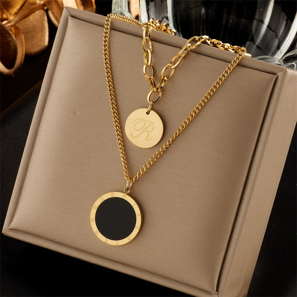 Wholesale Titanium Steel Multi Layer Stacked Clavicle Chain With Butterfly And Geometric Pattern Pendant Electroplated