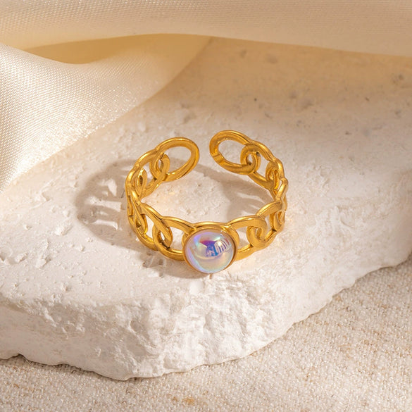 Wholesale Titanium Steel Multicolor Natural Stone Ring Geometric U Shape Electroplated For Women