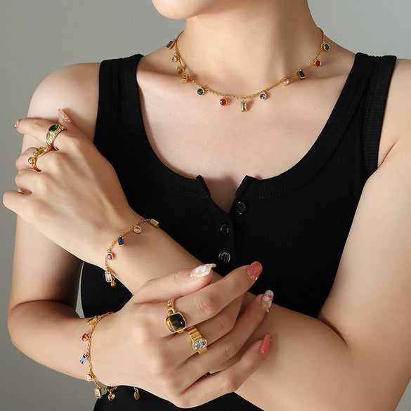 Wholesale Titanium Steel Multicolor Zircon Jewelry Set Electroplated Tassel Necklace And Bracelet For Women
