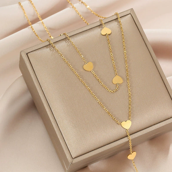 Wholesale Titanium Steel Multilayer Long Tassel Love Chain Stacking Necklace With Geometric Pattern And Electroplating