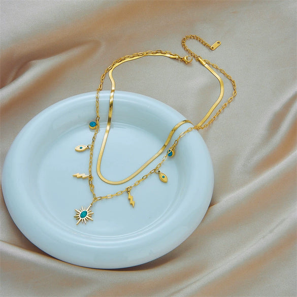 Wholesale Titanium Steel Multilayer Pendant Necklace With Geometric Pattern Retro Style Electroplated
