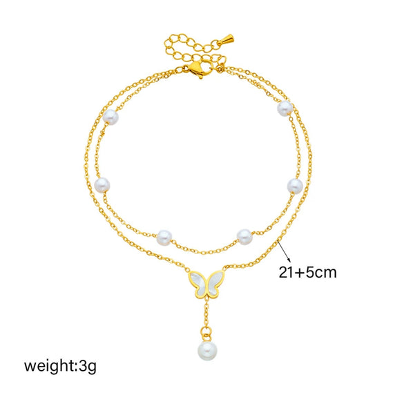 Wholesale Titanium Steel Multilayer Stacked Pearl Butterfly Tassel Bow Anklet For Women