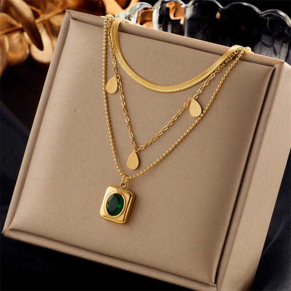 Wholesale Titanium Steel Multilayered Necklace Retro Geometric Square Water Drop Design Electroplated