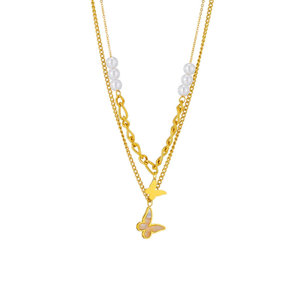 Wholesale Titanium Steel Necklace Double Layer Irregular Chain Beaded Butterfly Pendant Geometric Design Electroplating For Women