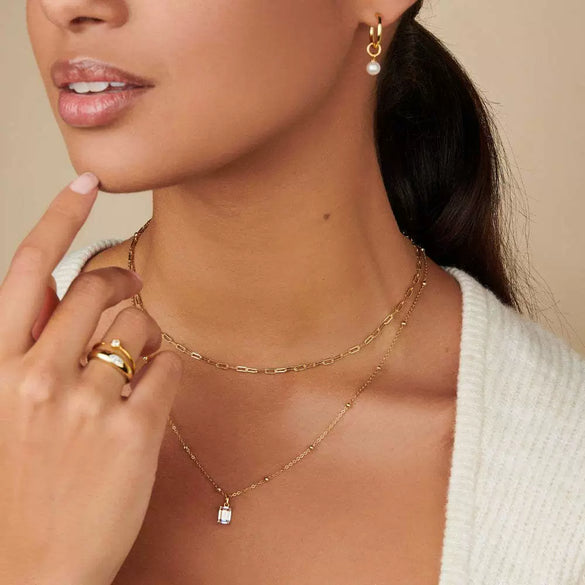 Wholesale Titanium Steel Necklace Retro Geometric Rectangular Pendant Electroplated With 18K Gold Color Protection And Colorful Zircon For Unisex