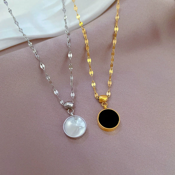 Wholesale Titanium Steel Necklace With Doublesided Motherofpearl Pendant Cartoon Style Geometric Pattern Electroplated For Female