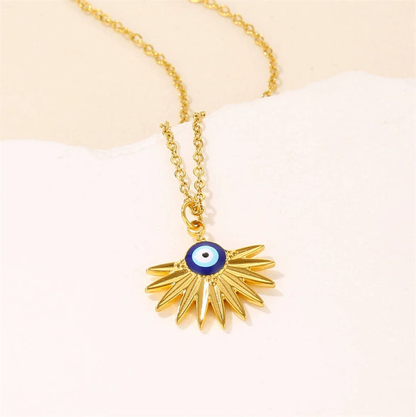 Wholesale Titanium Steel Necklace With Fanshaped Evil Eye Pendant Geometric Style Dripping Oil Treatment For Women