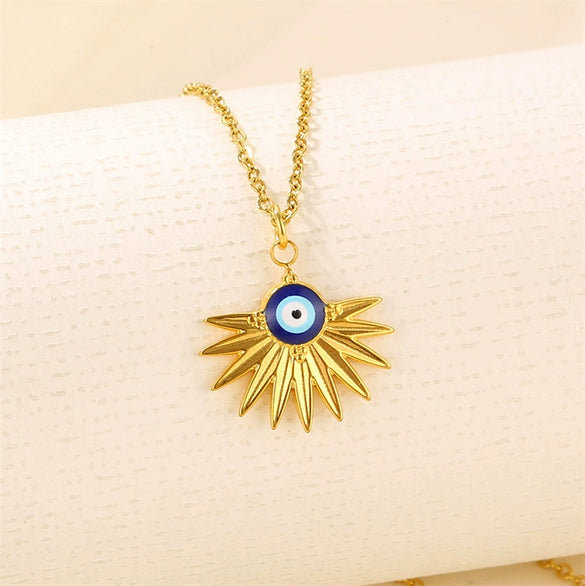 Wholesale Titanium Steel Necklace With Fanshaped Evil Eye Pendant Geometric Style Dripping Oil Treatment For Women