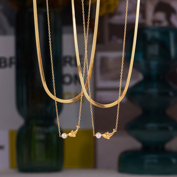 Wholesale 316L Stainless Steel Necklace With Geometric Dolphin Splicing Bead Pendant Electroplating Treatment Ochain Style For Women