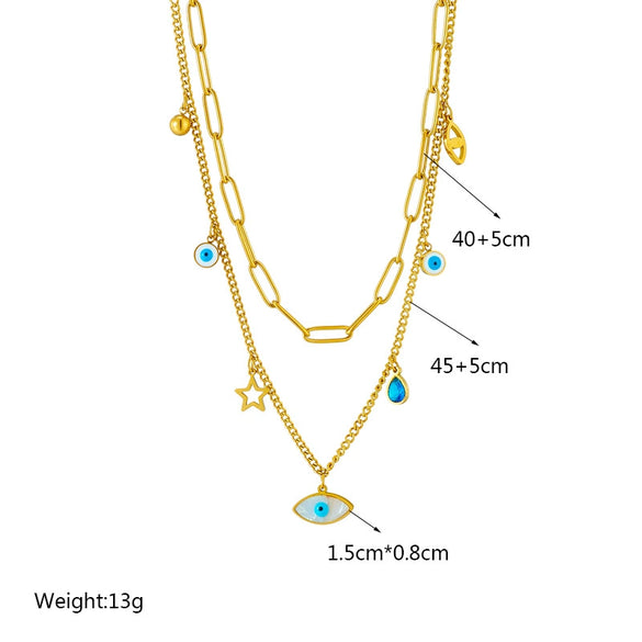 Wholesale Titanium Steel Necklace With Geometric Hollow Star Eye Pendant Doublelayer Chain Electroplated
