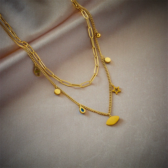 Wholesale Titanium Steel Necklace With Geometric Hollow Star Eye Pendant Doublelayer Chain Electroplated