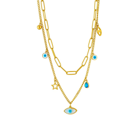 Wholesale Titanium Steel Necklace With Geometric Hollow Star Eye Pendant Doublelayer Chain Electroplated