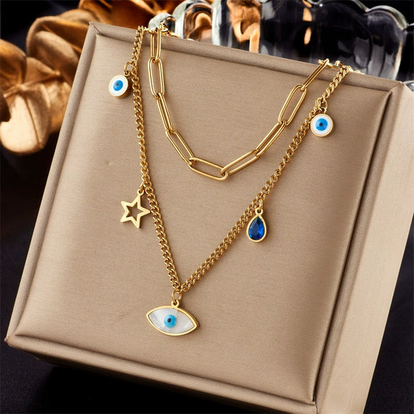 Wholesale Titanium Steel Necklace With Geometric Hollow Star Eye Pendant Doublelayer Chain Electroplated