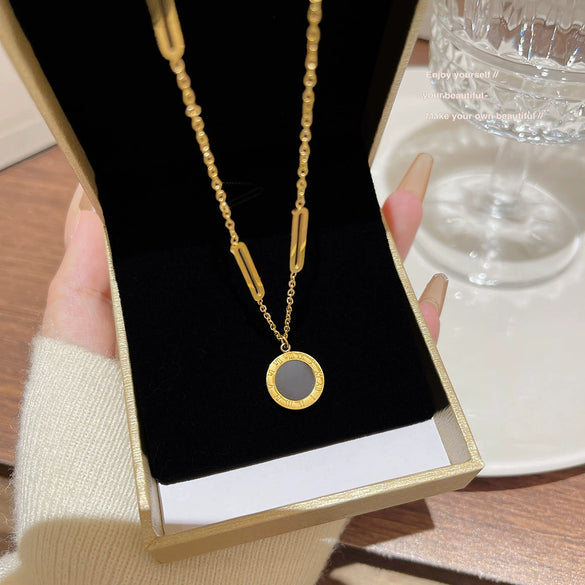 Wholesale Titanium Steel Necklace With Geometric Pendant Doublesided Roman Numerals Light Luxury Electroplating Design For Women
