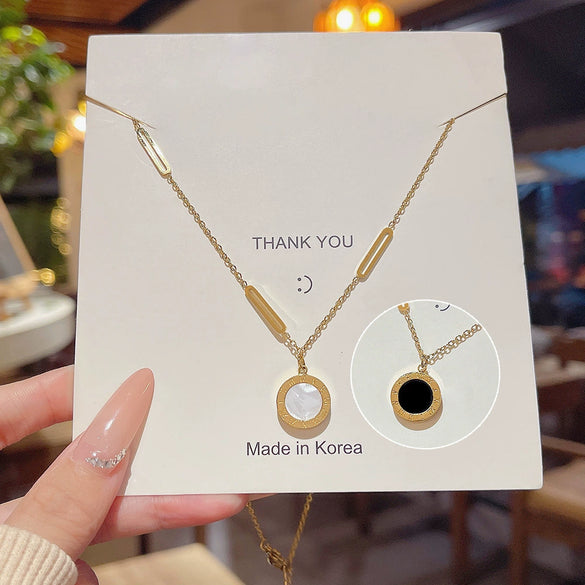 Wholesale Titanium Steel Necklace With Geometric Pendant Doublesided Roman Numerals Light Luxury Electroplating Design For Women