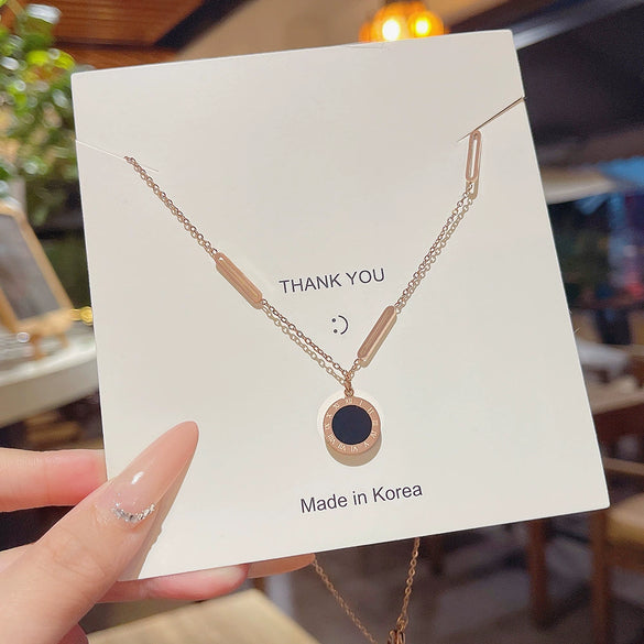 Wholesale Titanium Steel Necklace With Geometric Pendant Doublesided Roman Numerals Light Luxury Electroplating Design For Women