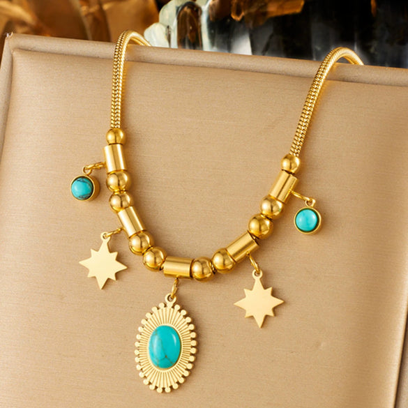 Wholesale Titanium Steel Necklace With Geometric Turquoise Pendant Electroplated All Match Elegant Light Luxury For Women