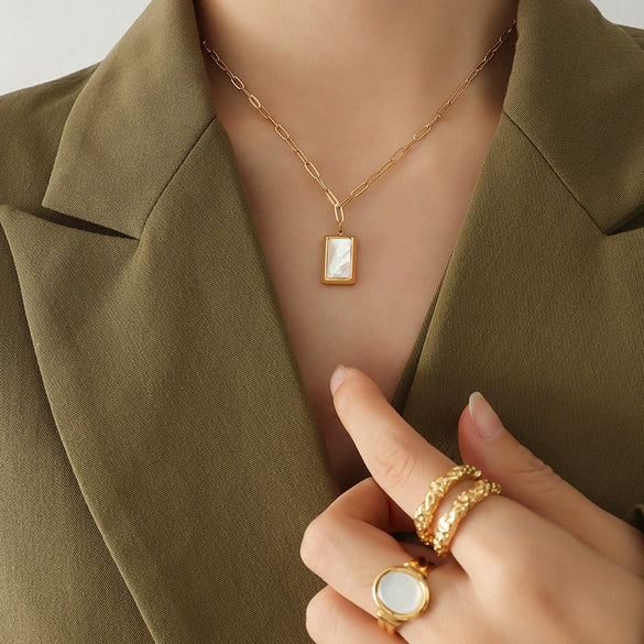 Wholesale Titanium Steel Necklace With Golden Clasp Square Inlaid White Seashells Pendant Fashion Geometric Design For Women