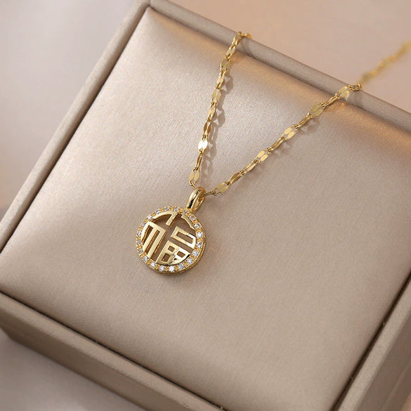 Wholesale Titanium Steel Necklace With Hollow Lucky Word Pendant Full Diamond Electroplated Women's Fashion Minimalist Jewelry