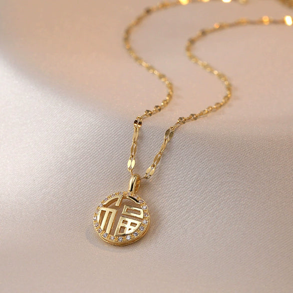 Wholesale Titanium Steel Necklace With Hollow Lucky Word Pendant Full Diamond Electroplated Women's Fashion Minimalist Jewelry