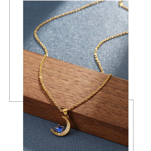 Wholesale Titanium Steel Necklace With Star Moon Pendant And Micro Diamond Sapphire Clavicle Chain