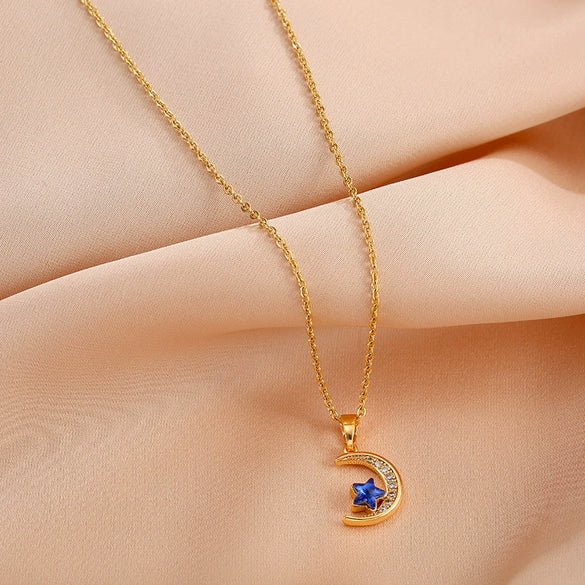 Wholesale Titanium Steel Necklace With Star Moon Pendant And Micro Diamond Sapphire Clavicle Chain