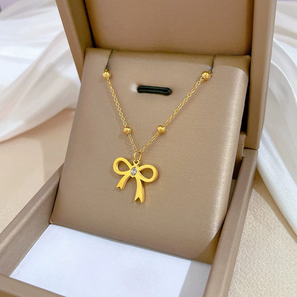 Wholesale Titanium Steel Necklace With Zircon Bow Geometric Pattern Electroplating Cartoon Style