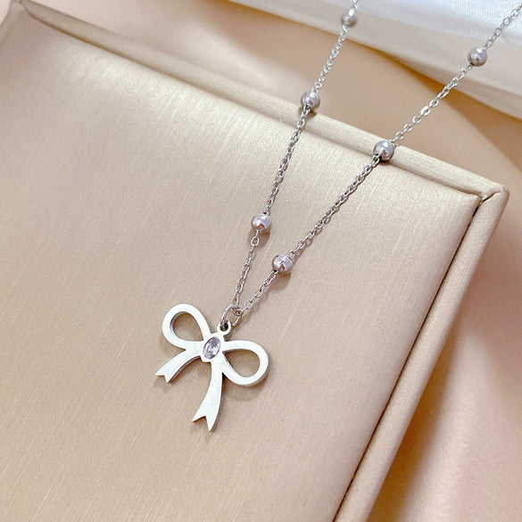 Wholesale Titanium Steel Necklace With Zircon Bow Geometric Pattern Electroplating Cartoon Style
