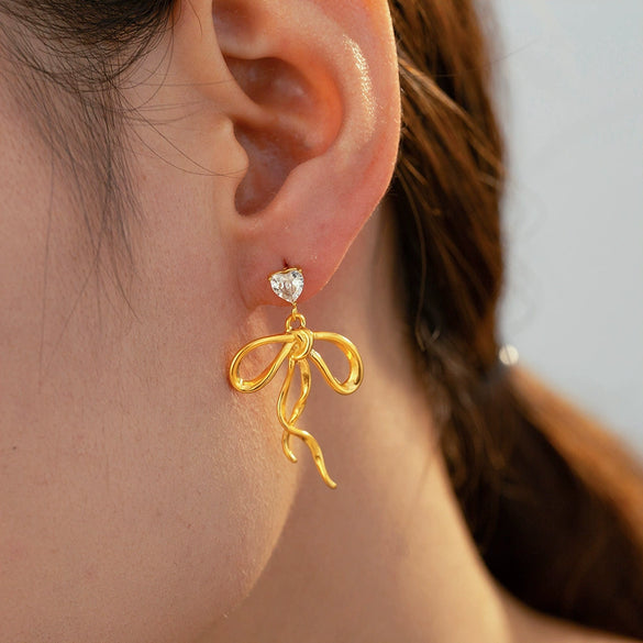 Wholesale 316L Stainless Steel Niche Sweet Asymmetric Earrings With Zircon Ribbon Bow And Geometric Tassel Design Electroplated For Women