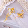 Wholesale 316L Stainless Steel Niche Sweet Asymmetric Earrings With Zircon Ribbon Bow And Geometric Tassel Design Electroplated For Women