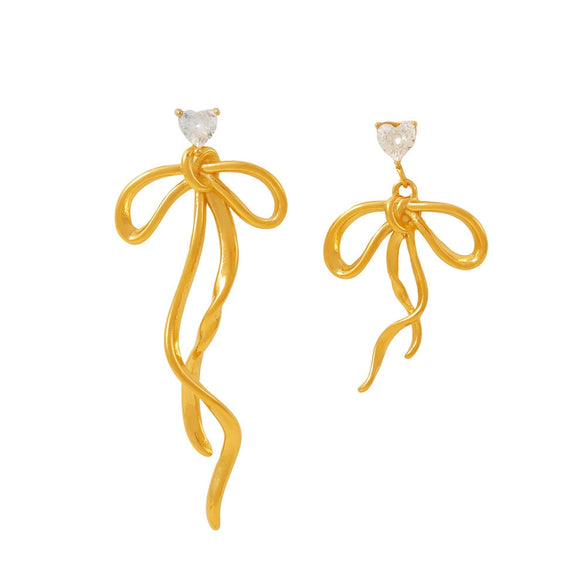 Wholesale 316L Stainless Steel Niche Sweet Asymmetric Earrings With Zircon Ribbon Bow And Geometric Tassel Design Electroplated For Women