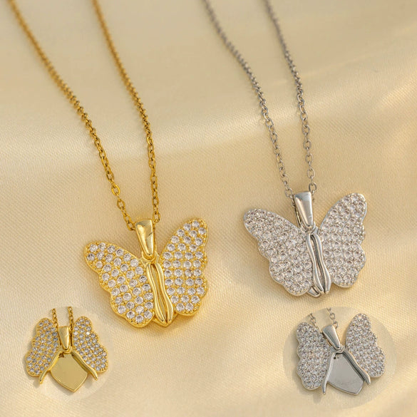 Wholesale Titanium Steel Open Butterfly Pendant With Heart Wings And Lettering Electroplated Ochain For Women