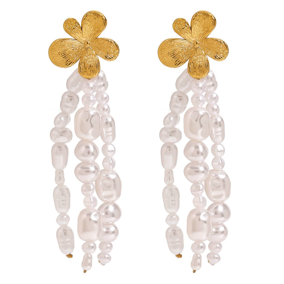 Wholesale Titanium Steel Pearl Tassel Flower Earrings For Women Geometric Pattern Electroplated Stainless Steel Jewelry