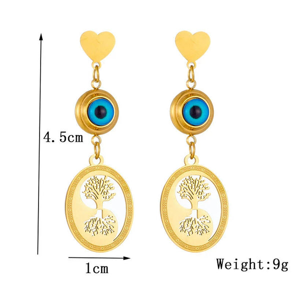 Wholesale Titanium Steel Pendant Earrings With Geometric Devil Eyes And Oval Hollow Life Tree Design Electroplated For Women