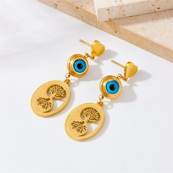 Wholesale Titanium Steel Pendant Earrings With Geometric Devil Eyes And Oval Hollow Life Tree Design Electroplated For Women
