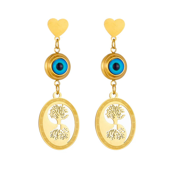 Wholesale Titanium Steel Pendant Earrings With Geometric Devil Eyes And Oval Hollow Life Tree Design Electroplated For Women