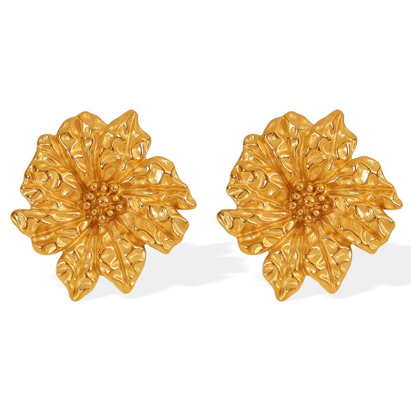 Wholesale 316L Stainless Steel Plated 18K Gold Exaggerated Flower And Leaf Ear Stud Earrings For Women