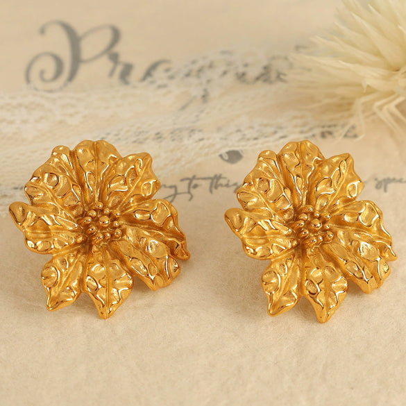 Wholesale 316L Stainless Steel Plated 18K Gold Exaggerated Flower And Leaf Ear Stud Earrings For Women