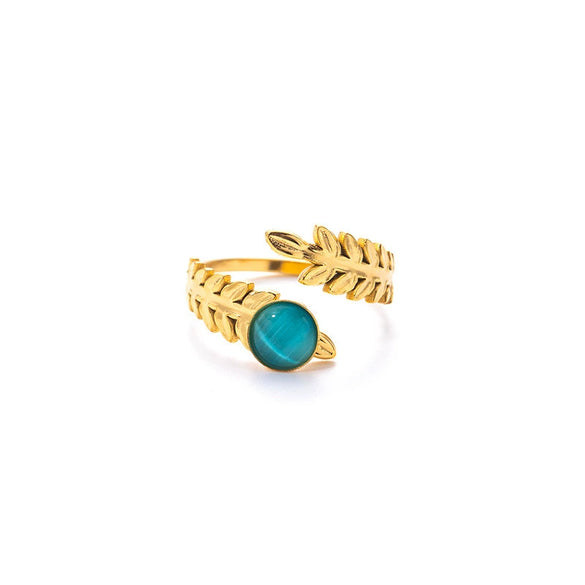 Wholesale Titanium Steel Plated Ring With Golden Leaf And Geometric Pattern Retro Style