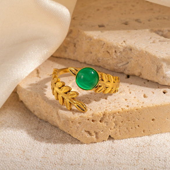 Wholesale Titanium Steel Plated Ring With Golden Leaf And Geometric Pattern Retro Style
