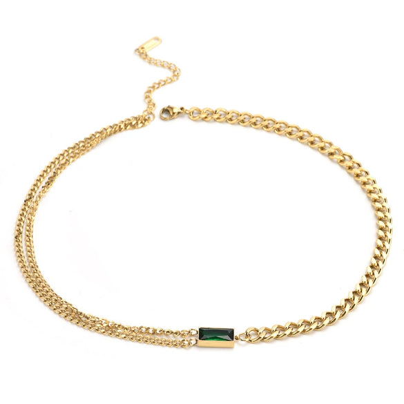 Wholesale Titanium Steel Retro Green Diamond Necklace With Cross Crown Roman Numeral Patterns Electroplated For Women Bamboo Chain