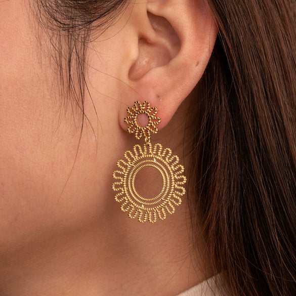 Wholesale Titanium Steel Retro Style Round Flower Earrings With Electroplating Treatment For Women