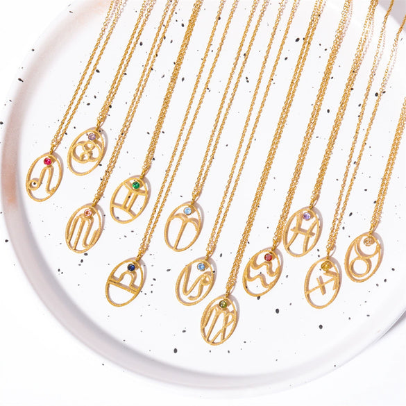 Wholesale Titanium Steel Retro Twelve Constellation Pendant Necklace With Electroplating Treatment And Ochain