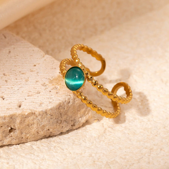 Wholesale Titanium Steel Ring Geometric Style Electroplated Inlaid With Natural Stone Retro Fashion Doublelayer Open Ring For Women