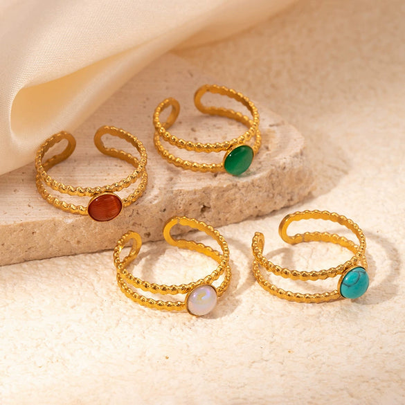 Wholesale Titanium Steel Ring Geometric Style Electroplated Inlaid With Natural Stone Retro Fashion Doublelayer Open Ring For Women