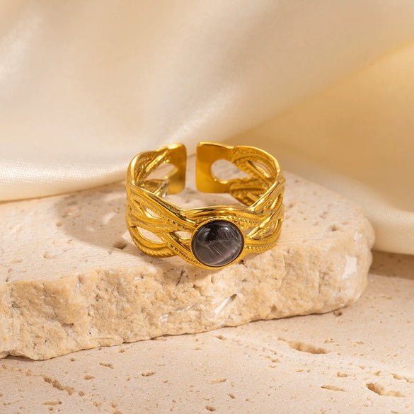 Wholesale Titanium Steel Ring Inlaid With Colorful Natural Stone Geometric U Shape Electroplated Unisex