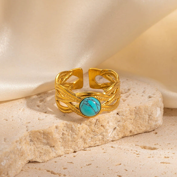 Wholesale Titanium Steel Ring Inlaid With Colorful Natural Stone Geometric U Shape Electroplated Unisex