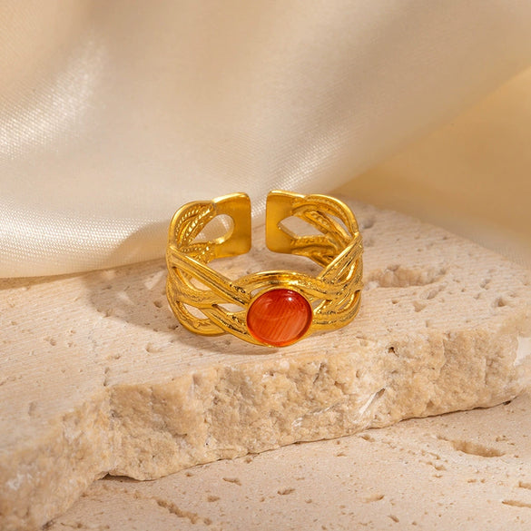Wholesale Titanium Steel Ring Inlaid With Colorful Natural Stone Geometric U Shape Electroplated Unisex